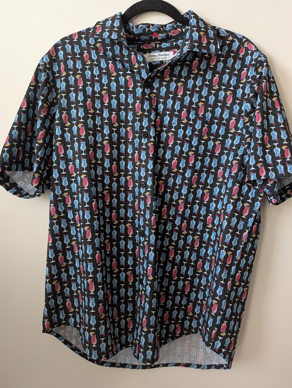 Tommy Bahama Men's Short-Sleeve Black with Blue & Pink Cocktail Print Vacation